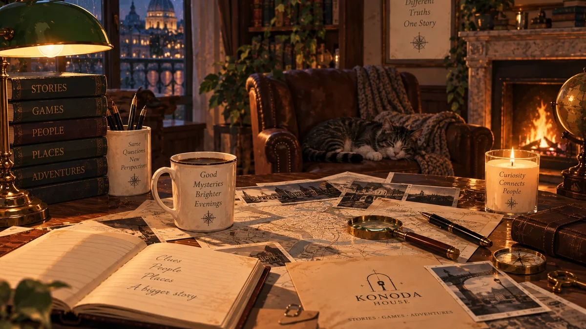 Adults studying cold case documents without costumes at a table